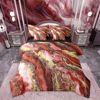 Erosebridal Red Golden Tie Dye Comforter Set Full Size,Marble Texture Bedding Set for Kids Teens,Ink Fluid Art (Comforter+Fitted+Flat Sheet+2 Pillowcases+2 Throw Pillow Covers) 7 Pieces Bed Set