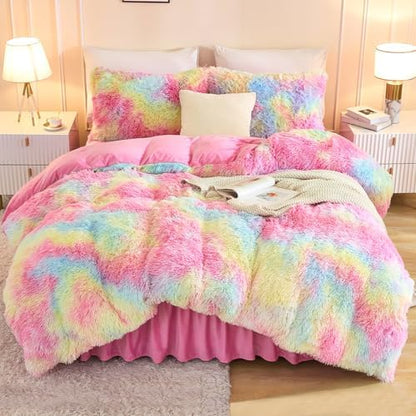 Andency Tie-Dyed Rainbow King Size Comforter Set, Fluffy Faux Fur Bed Set