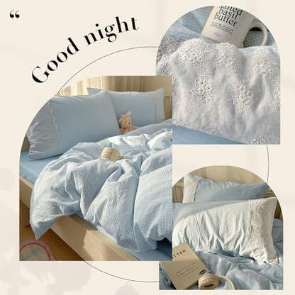 mixinni Blue Gingham Duvet Cover Queen Size - 3 Piece Cottagecore Plaid Bedding Set with Lace Trim, Soft Washed Microfiber Vintage Aesthetic Grid Comforter Cover & Pillow Shams, (Blue White Gingham)