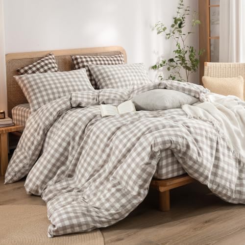 BESTOUCH Gingham Cotton Duvet Cover Set Linen Grey Oversized Full