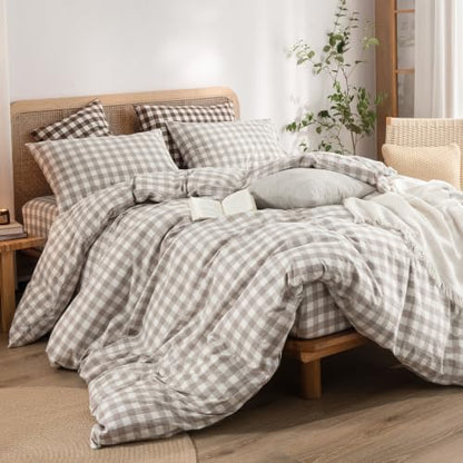 BESTOUCH Gingham Cotton Duvet Cover Set Linen Grey Oversized King