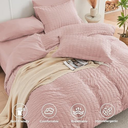 HYMOKEGE Rose Gold Queen Comforter Set Seersucker 7 Pieces, All Season Luxury Bed in a Bag for Bedroom, Bedding Set with Comforters, Sheets, Pillowcases & Shams