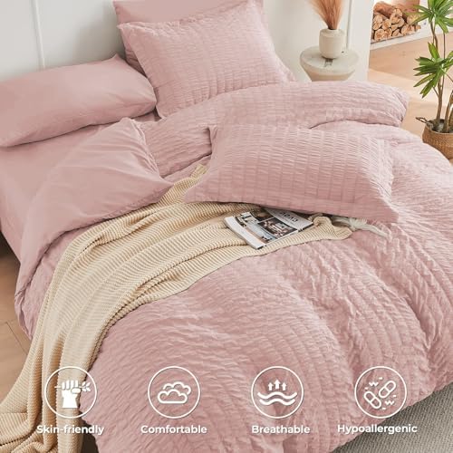 HYMOKEGE Rose Gold Full Size Comforter Sets Seersucker 7 Pieces, All Season Luxury Bed in a Bag for Bedroom, Bedding Set with Comforters, Sheets, Pillowcases & Shams