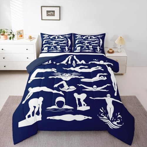 Homewish Swim Comforter Set King Size,Swimming Quilted Duvet 3Pcs for Kids Boys Teens Adult Room Decor,Swimmer Silhouette Print Bedding Sets Modern Navy Blue White Down Comforter,2 Pillowcases