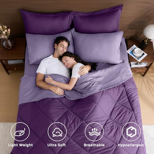 HEVUMYI 7-Piece Queen Comforter Set, Purple & Light Purple Bed in a Bag