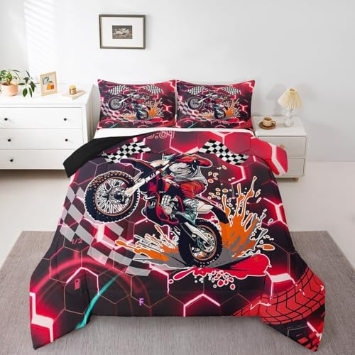 Erosebridal Racing Motorcycle Twin Comforter Set for Boys,Red Neon Lights Honeycomb Bedding Set Dirt Bike Motocross Quilt Moto Extreme Sports Duvet Insert,Black White Lattice Buffalo Plaid Decor