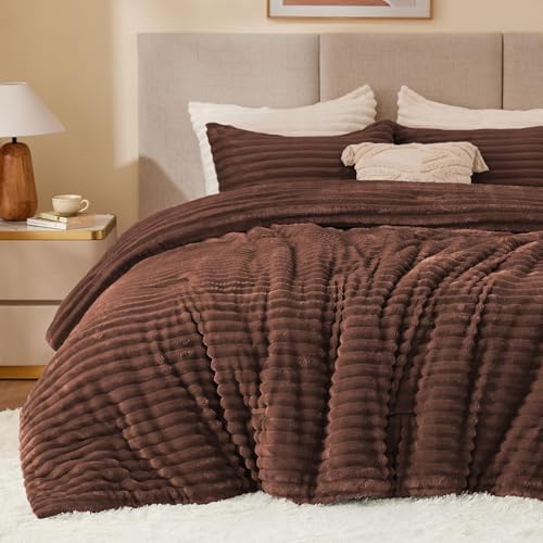 BEDELITE Fleece Full Comforter Set, Fluffy Bed Set, Hot Chotolate