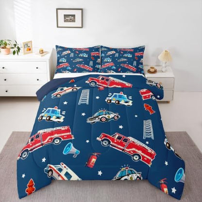 Feelyou Fire Truck Comforter Set King Size Police Car Bedding Set for Kids Boys Girls Ambulance Cartoon Car Duvet Quilt Bedroom Decor Microfiber 3 Pcs with 2 Pillow Cases