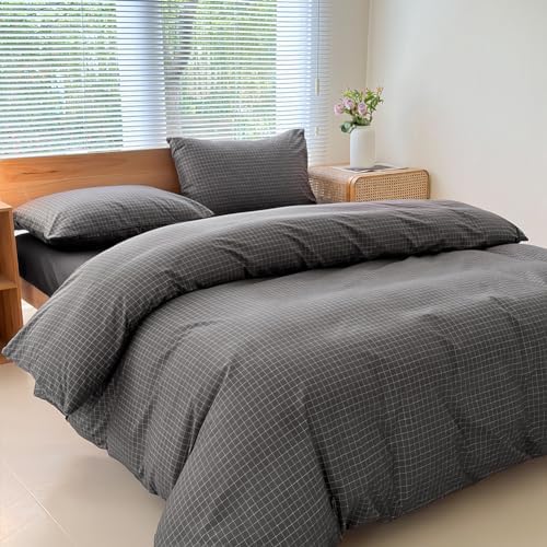 NSNLGSGC Gray Plaid Duvet Cover Set, Queen