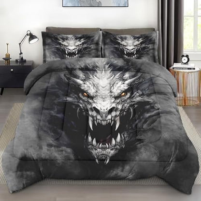 Pamnest Queen Comforter Set, 3 Pieces Dragon Gray Bedding, All Season