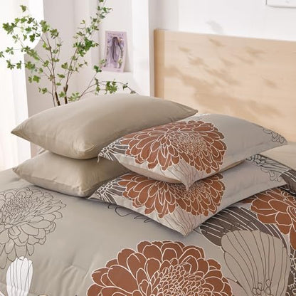 Yiran Floral Comforter Set King Size,7 Pieces Bed in a Bag Taupe Brown Comforter Soft Microfiber Bedding Sets 104"×90"