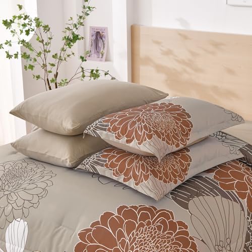 Yiran Taupe Brown Comforter Set Queen Size,7 Pieces Bed in a Bag Floral Comforter,Soft Microfiber Bedding Sets for All Seasons,90"×90"