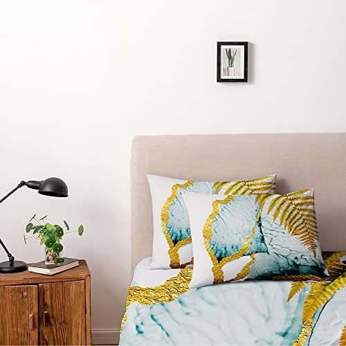 Abstract Ink Colors Design Duvet Cover Set Full Size Gold Leaf Patterned Comforter Covers Twin XL Ink Green/Blue Colors Bed Sets Lxurious Bedroom Deco