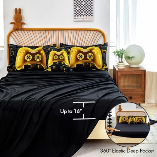 PERFEMET 6 Pcs Twin Bed in A Bag for Boys Girls Black Gold Video Game Comforter Set with Sheets Soft Cozy 3D Gamepad Gaming Bedding Set for All Seasons(Gold, Twin)
