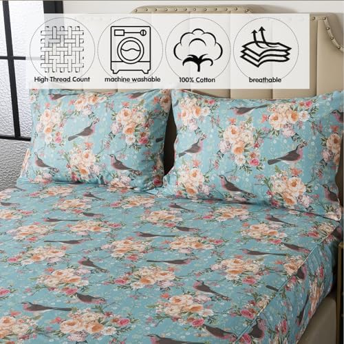 FADFAY Full Size Floral Sheets Set, 100% Cotton Bed Sheets 4 Pcs with Deep Pocket Fitted Sheet, Mint Green Vintage Botanical Bird and Flower Print Bedding, Soft Crisp & Breathable for All Seasons