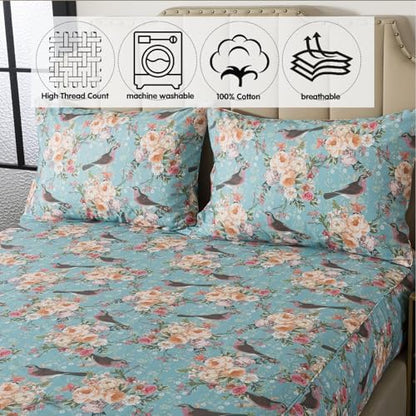 FADFAY Full Size Floral Sheets Set, 100% Cotton Bed Sheets 4 Pcs with Deep Pocket Fitted Sheet, Mint Green Vintage Botanical Bird and Flower Print Bedding, Soft Crisp & Breathable for All Seasons