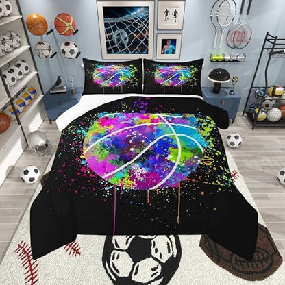 Basketball Comforter Set Twin Size,Watercolor Tie-dye Duvet Insert for Kid Teen Boys Girls Room Decor,Color Graffiti Hip Hop Style Quilted Duvet,Cartoon Sport Gaming Quilt Cover with 1 Pillowcase