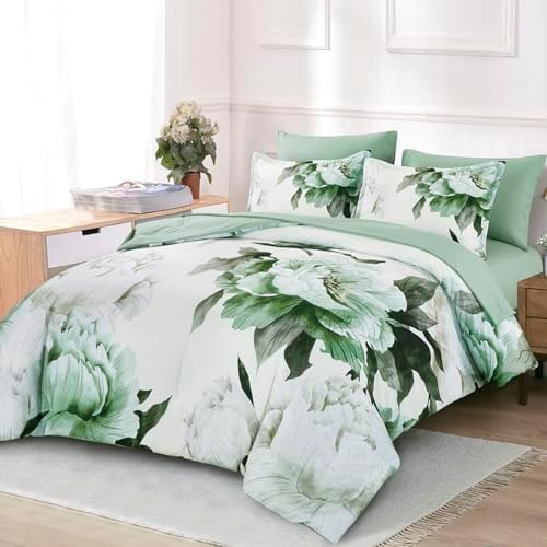 Dobuyly Green Full Size Comforter Set 7 Piece Floral Bed in a Bag