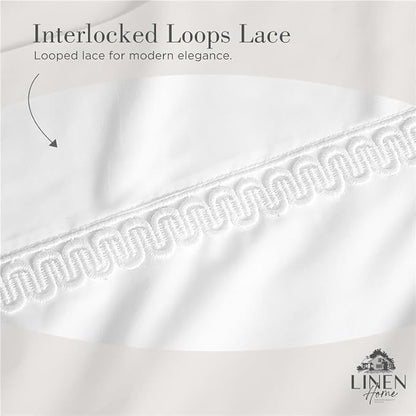 Linen Home 100% Cotton Percale Interlocked Loops Lace Pillowcases King Size, White, 2 Pieces of Pillow Case, Crisp and Cool Strong Bed Linen, 20 inches X 40 inches