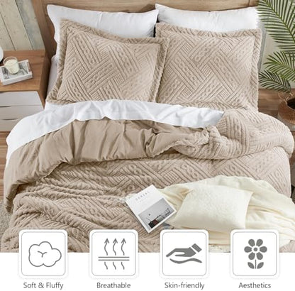 Homelike Moment Fleece King Comforter Set, Fluffy Bed Set 3 Piece Beige
