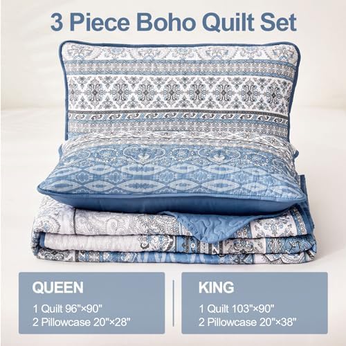 WONGS BEDDING Boho King Quilt Bedding Set, 3 Pieces Bedspread, Light Blue