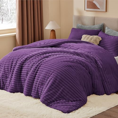 BEDELITE Fleece Queen Comforter Set, Fluffy Bed Set, Purple