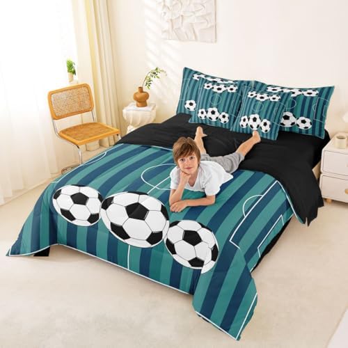 Erosebridal Sports Theme Soccer Blue Gaming Playground Boys King 7-Piece Comforter Set | Football Court Sheets and Pillowcases Striped Bed in A Bag Striped Bed Sets