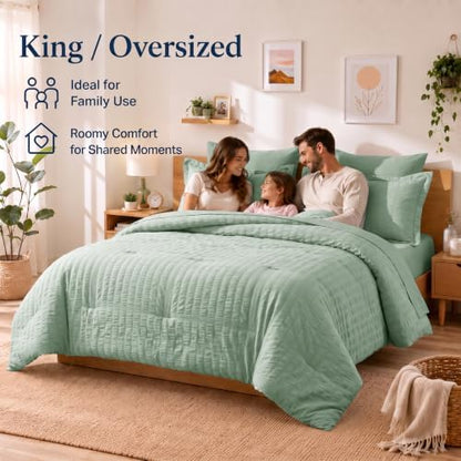 CozyLux Oversized King Comforter Set 120x98, 7-Piece Sage Green Seersucker