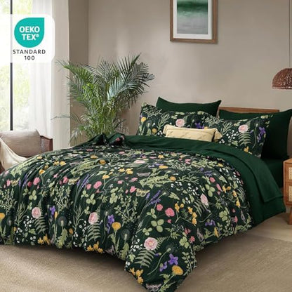 Yiran Floral Twin Comforter Set with Sheets, 6 Piece Bed in a Bag with Botanical Flowers Patterns, Dark Green Bedding Set Girls Soft Lightweight Complete Comforters with Sheets for Women