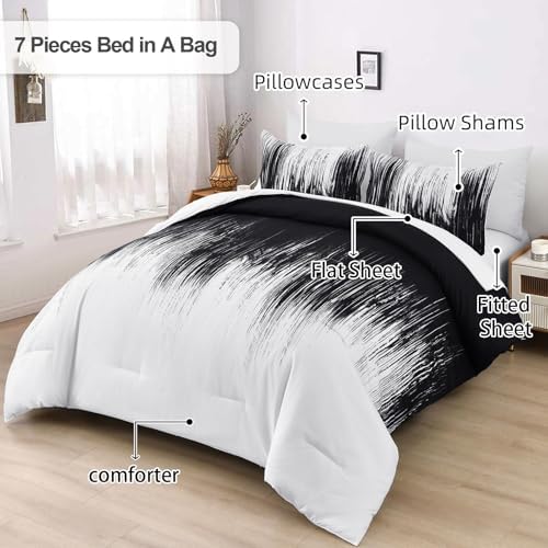 Dinjoy Ombre Black Comforter Set Queen Size Gradient Black White Boho Bedding Set for Teen Men Women 7 Pieces Bed in A Bag Bohemian Bed Set with Comforter, Sheets, Pillowcases & Shams