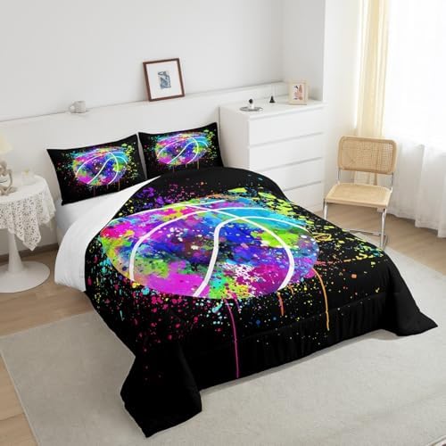 Basketball Comforter Set Twin Size,Watercolor Tie-dye Duvet Insert for Kid Teen Boys Girls Room Decor,Color Graffiti Hip Hop Style Quilted Duvet,Cartoon Sport Gaming Quilt Cover with 1 Pillowcase