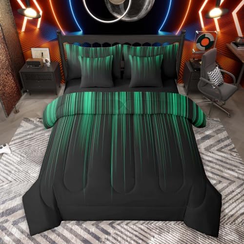 Feelyou Neon Green Black Comforter Set Queen Size 7 Pieces Geometric Bedding Set for Kids Boys Girls Ombre Bed in a Bag with Comforter, Sheets, Pillowcases, Cushion Covers Lightweight