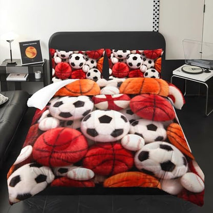 Soccer and Basketball Comforter Set Queen Bed for Boy Bedroom，Sports Bedding Set Queen for Kids，with 1 Comforter with 2 Pillow Case，Sports Themed Bedroom Decor for Teen Boys