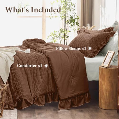 JOLLYVOGUE Dark Brown Queen Comforter Set,3pcs Ruffle Seersucker Bed Set