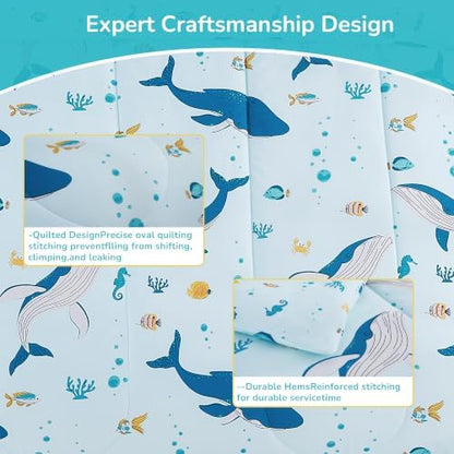 Viviland Kids Bedding Set Twin Size Comforter Sets, Bed in Marine Whale Cover Set for Children