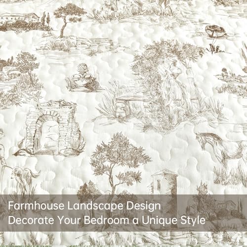 Drucon Khaki Quilt Set King Size, Toile Farmhouse Bedspreads, 3 Pieces Rustic Village Landscape Printed Coverlet, Soft Microfiber Quilt Bedding Set for All Season (106x90 Inch)
