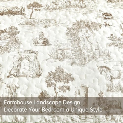 Drucon Khaki Quilt Set Queen Size, Toile Farmhouse Bedspreads, 3 Pieces Rustic Village Landscape Printed Coverlet, Soft Microfiber Quilt Bedding Set for All Season (96x90 Inch)
