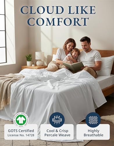 Lane Linen Full Size Sheets 100% Organic Cotton 4pc Percale Cooling - White.