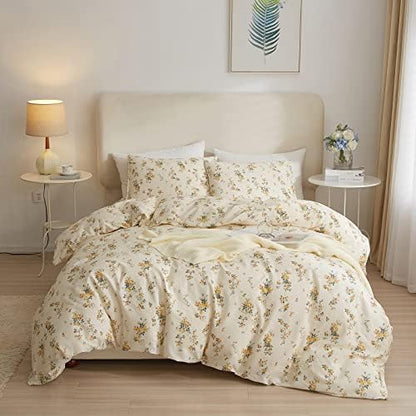 mixinni Aesthetic Floral Duvet Cover Set King Size, Farmhouse Boho Yellow Flowers Leaves Cute Bedding Set for Women, 1 Soft Cotton Chic Duver Cover and 2 Pillowcases for All Seasons-King Size