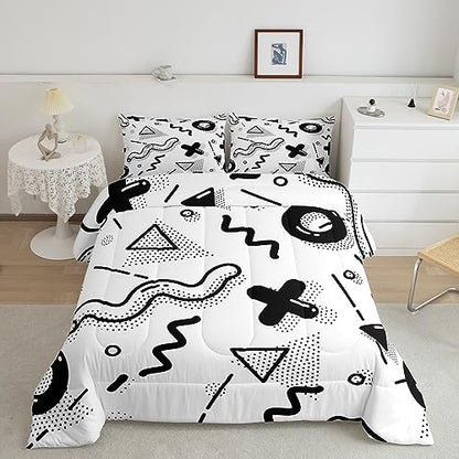 Manfei Memphis Comforter Set Twin Size, Retro 80s 90s Fashion Style Quilt Set with 1 Pillowcase, Geometric Black White Bedding Set 2pcs for Kids Boys Room Decor Lightweight Duvet Insert
