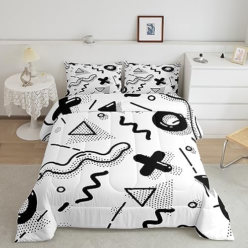 Manfei Memphis Comforter Set King Size, Retro 80s 90s Fashion Style Quilt Set with 2 Pillowcases, Geometric Black White Bedding Set 3pcs for Kids Boys Room Decor Lightweight Duvet Insert