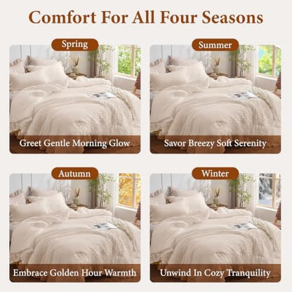 JOLLYVOGUE Beige Twin/Twin XL Comforter Set, 2 Pieces Seersucker Lightweight Fluffy Bedding Set, Twin Ruffle Comforter, All Season Soft Microfiber Shabby Chic Bed Set