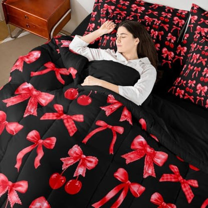 Red Cherry Bow Comforter Set 7 Piece Bed in a Bag Twin, Cute Silk Ribbon Bowknot Bedding Sets Princess Bow Tie Comforter and Sheet Set, Dreamy Kawaii Room Decor,Girly Red and Black Room Decor