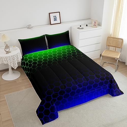 Feelyou Ombre Honeycomb Comforter Set Twin, Green Blue Ombre Hexagon Bedding Set Beehive Hexagon Comforter Kids Toddler Stereoscopic Duvet Set with 1 Pillow Case
