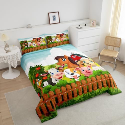 Feelyou Kids Cartoon Comforter Set Cute Farm Animals Comforter Cattle Sheep Pigs Dogs Horses Bedding Set for Boys Girls Farmhouse Duvet Set Soft Room Decor King Size Colorful Quilt Boys