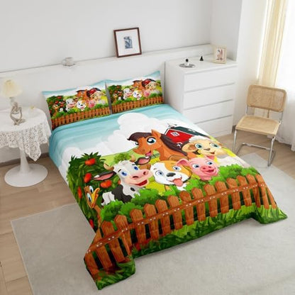 Feelyou Kids Cartoon Comforter Set Cute Farm Animals Comforter Cattle Sheep Pigs Dogs Horses Bedding Set for Boys Girls Farmhouse Duvet Set Soft Room Decor King Size Colorful Quilt Boys