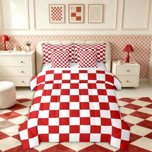Feelyou Checkered Retro 7 Piece Bedding Set Teen Women Men Red White Plaid Comforter Set with Sheets King Size Kids Boys Geometric Vintage Bed in a Bag Modern Simple Groovy Aesthetic Room Decor