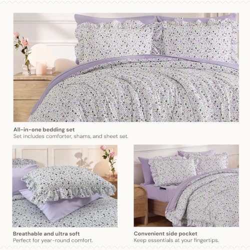 BLOOMHAVEN King Size Comforter Set-7 Pieces Floral Ruffle Bedding Set