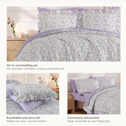 BLOOMHAVEN King Size Comforter Set-7 Pieces Floral Ruffle Bedding Set