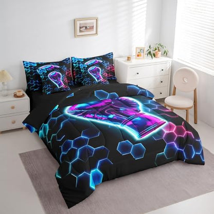 Erosebridal Boxing Gifts Comforter Sets with Sheets - 3D Glitter Gloves Bedding Set King for Boys Girls Colorful Neon Lights 7Pcs Bed in A Bag, Hexagon Honeycomb Bed Set